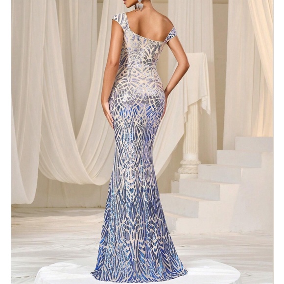 Luxe Sequin One Shoulder Mermaid Hem Party Evening Formal Wedding dress - Picture 5 of 5